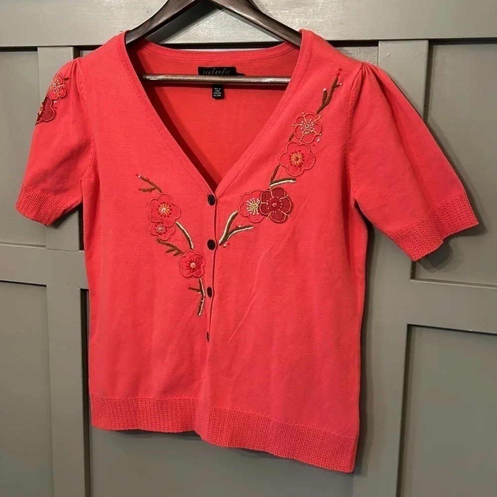 Icelandic Design Embroidered Knit Button Front Cardigan Sweater Short Sleeve Med